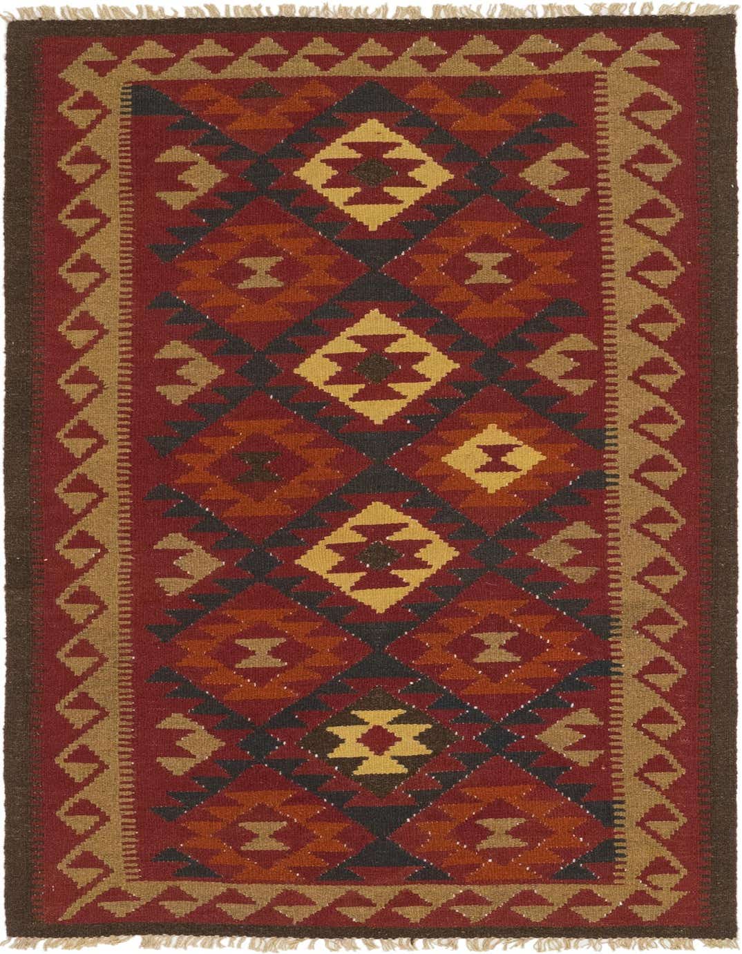 A 6 ft runner rug with a Southwestern, tribal pattern in reds, gold, and dark brown, featuring geometric diamonds.