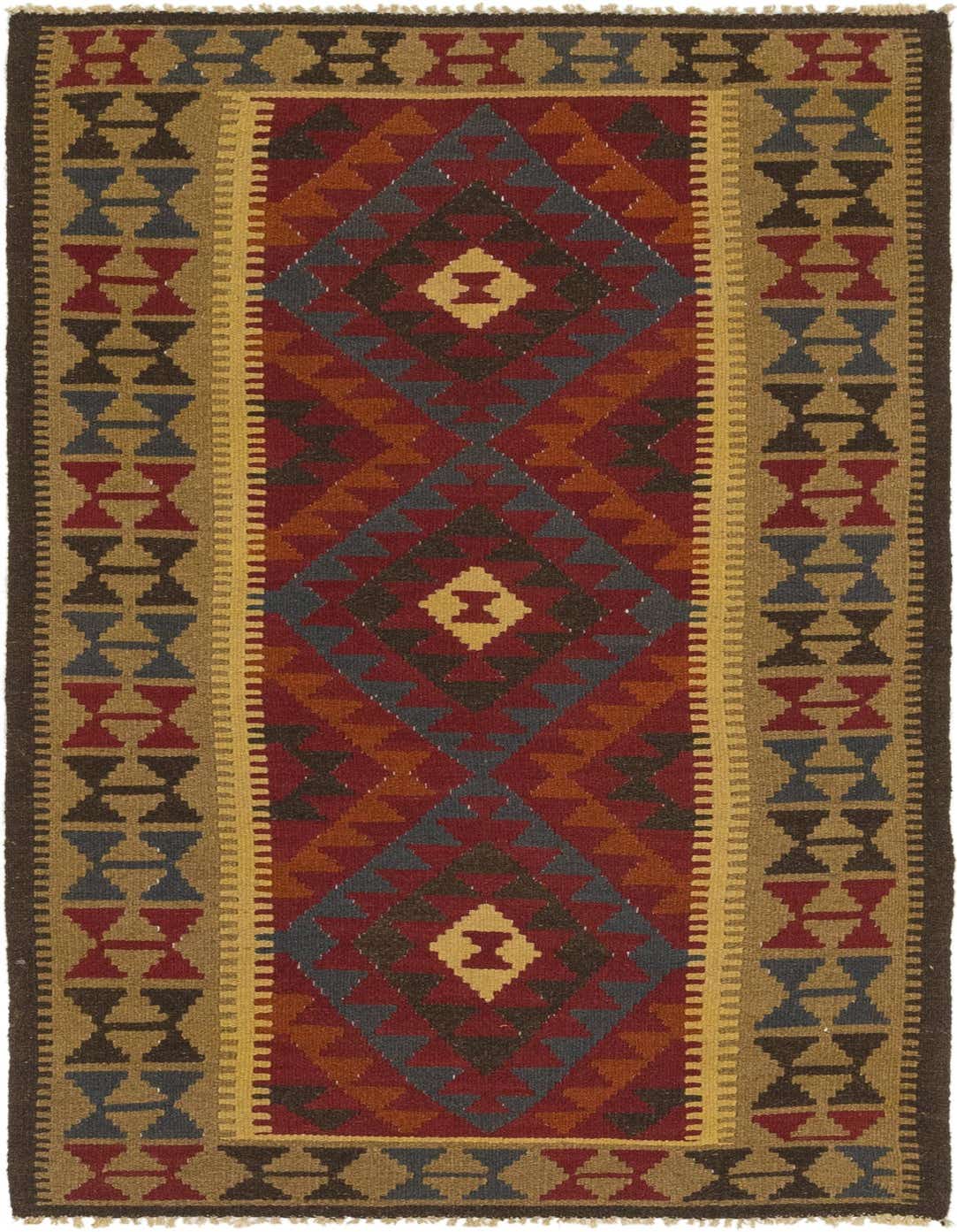 A 6 Ft runner rug with a Southwestern and Tribal pattern in shades of red, gold, blue, and brown. The flatweave rug features geometric diamonds and zigzags.