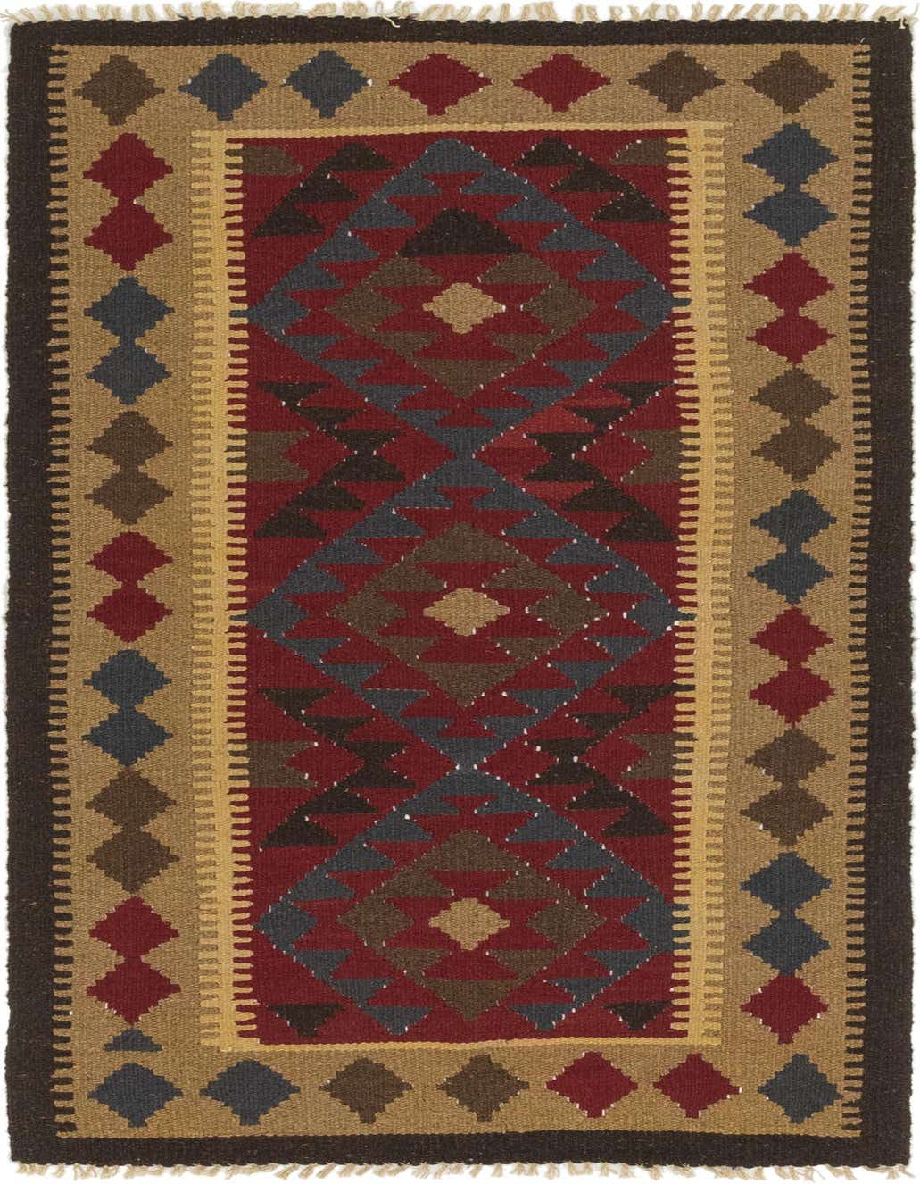 A 6 ft Kilim Maymana wool runner rug featuring a Southwestern tribal pattern in reds, browns, blues, and gold.