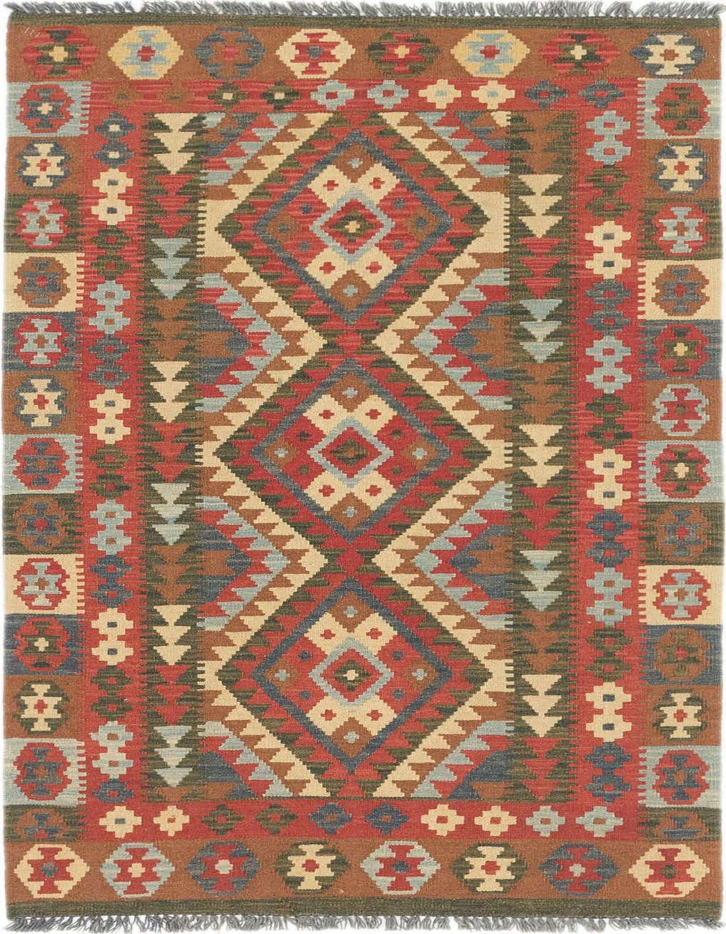 A 6 ft Kilim Maymana runner rug featuring a vibrant tribal pattern in reds, blues, browns, and creams.