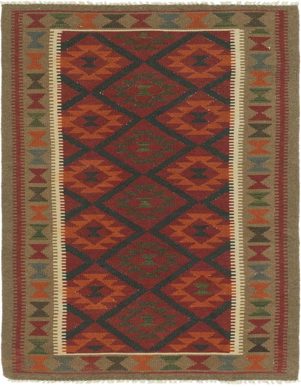 A 7 Ft Runner Kilim Maymana rug with a flatweave, tribal pattern in reds, oranges, greens, and browns.