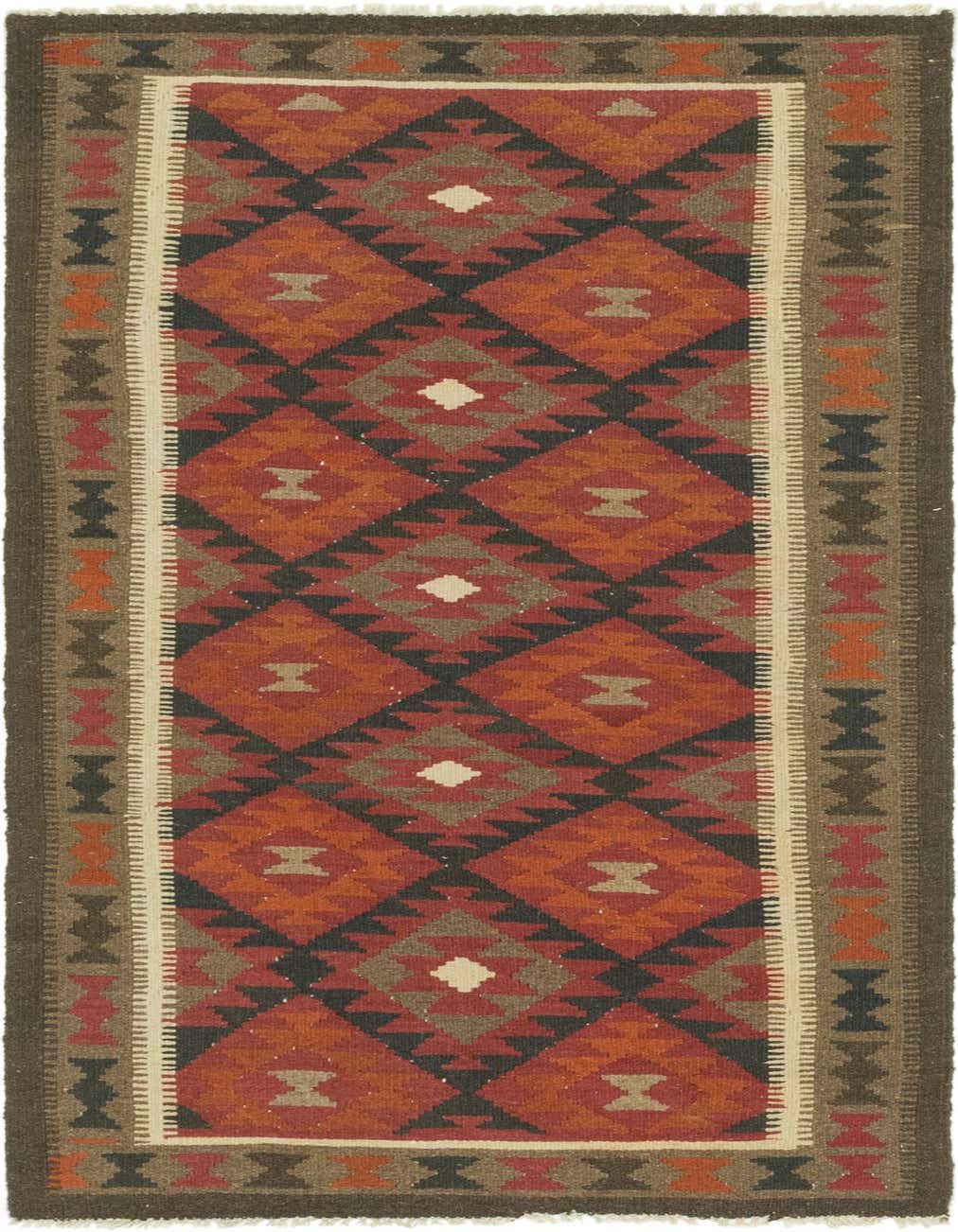 A 6 ft runner rug with a tribal, oriental pattern in shades of red, orange, brown, and black, featuring geometric diamonds and a decorative border.
