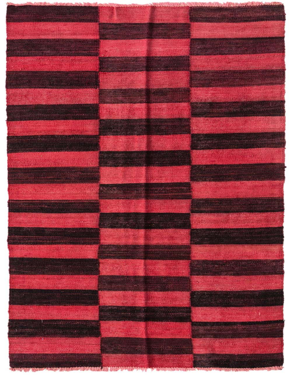A 5 ft runner rug with a tribal, modern pattern featuring alternating horizontal stripes of red and dark brown.