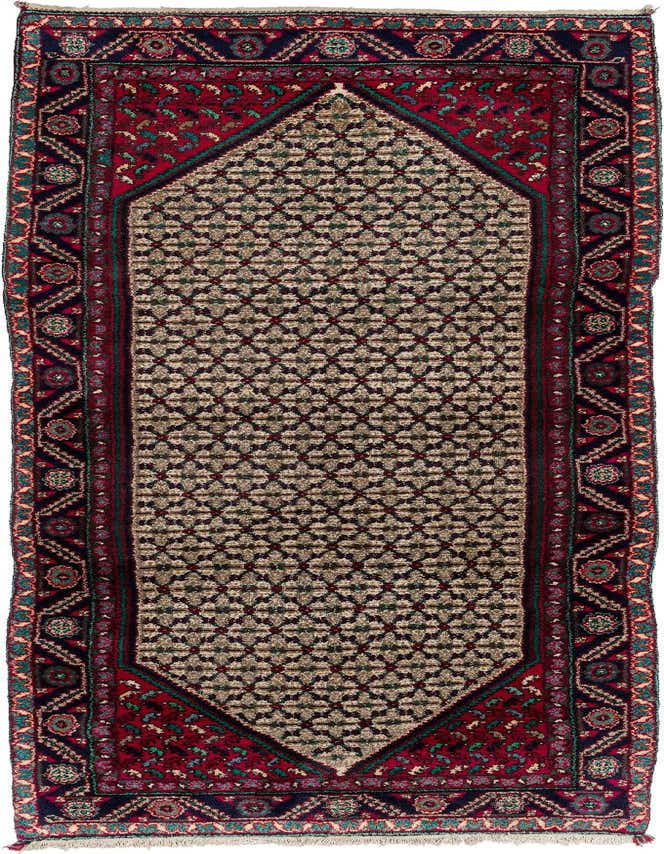 A 10 ft runner rug in traditional Koliyai style, featuring a central beige and brown geometric pattern framed by deep red and navy borders with intricate motifs.