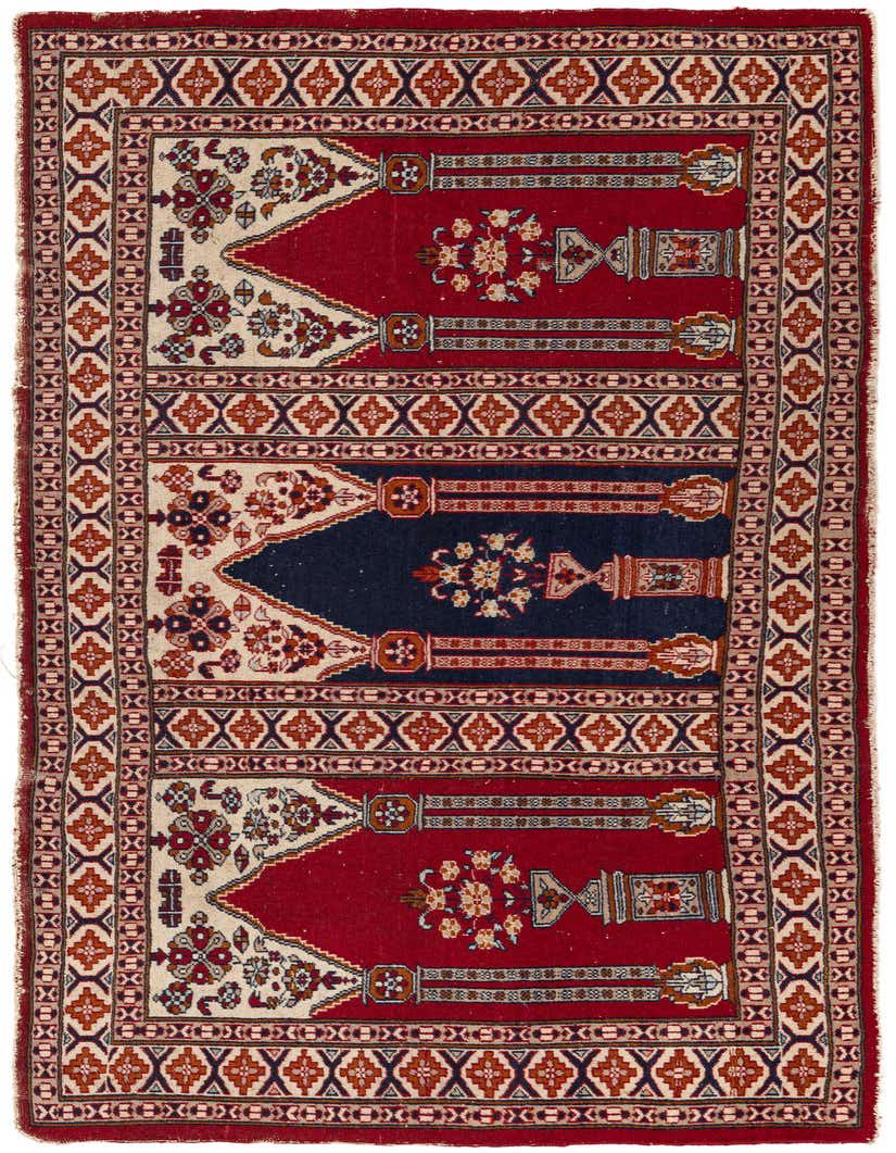 A 6 ft Lahour runner rug featuring a traditional Oriental pattern in reds, navy, and cream, with intricate floral and geometric motifs.