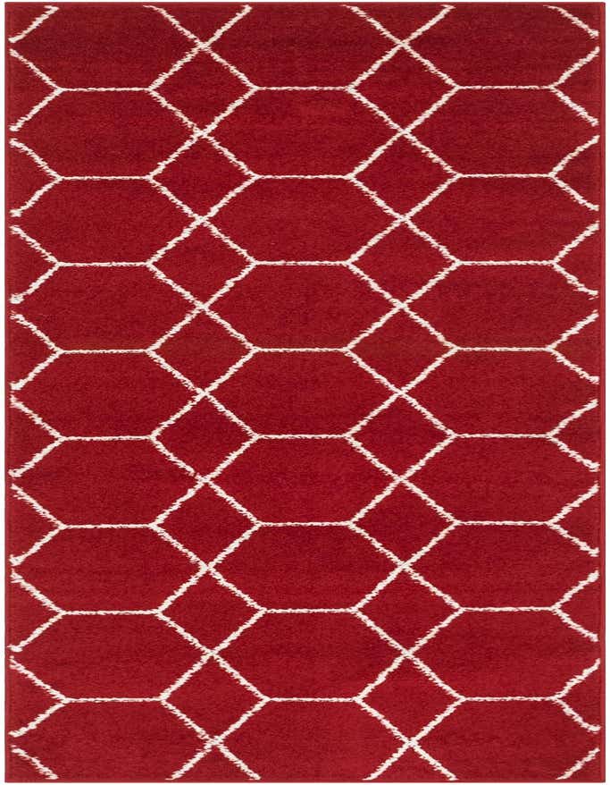 A 6 ft red runner rug with a repeating white trellis pattern, ideal for a hallway or kitchen.