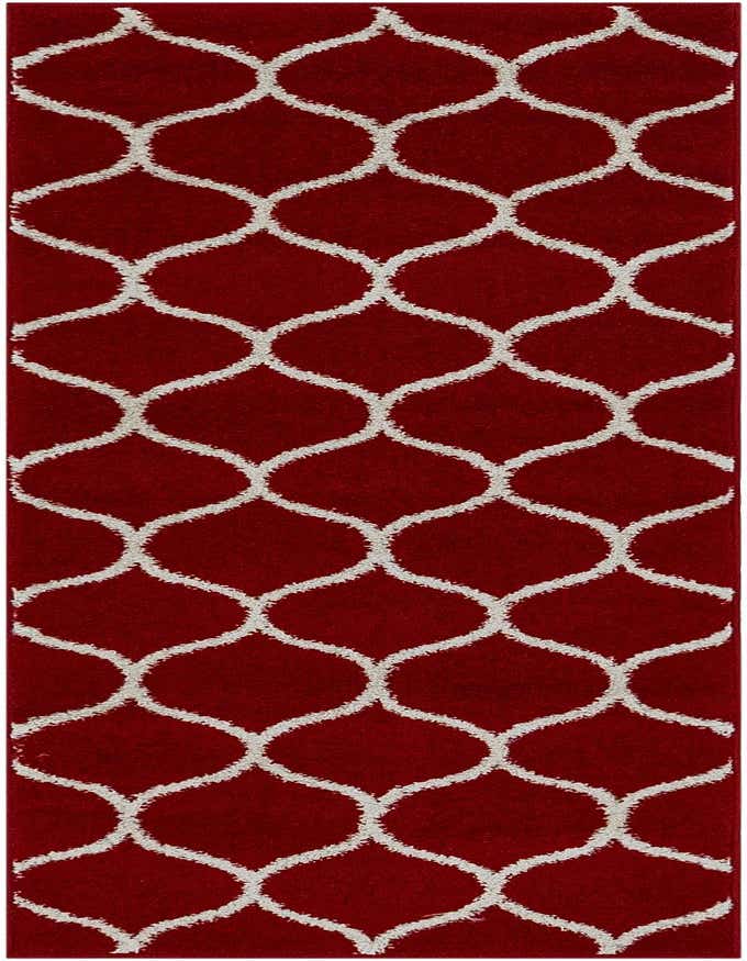A 6 ft runner rug with a modern red background and a white trellis pattern, suitable for a hallway or kitchen.