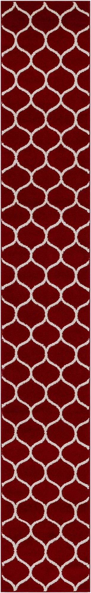 A 13 ft runner rug in a deep red color with a repeating white modern trellis pattern, ideal for a hallway.