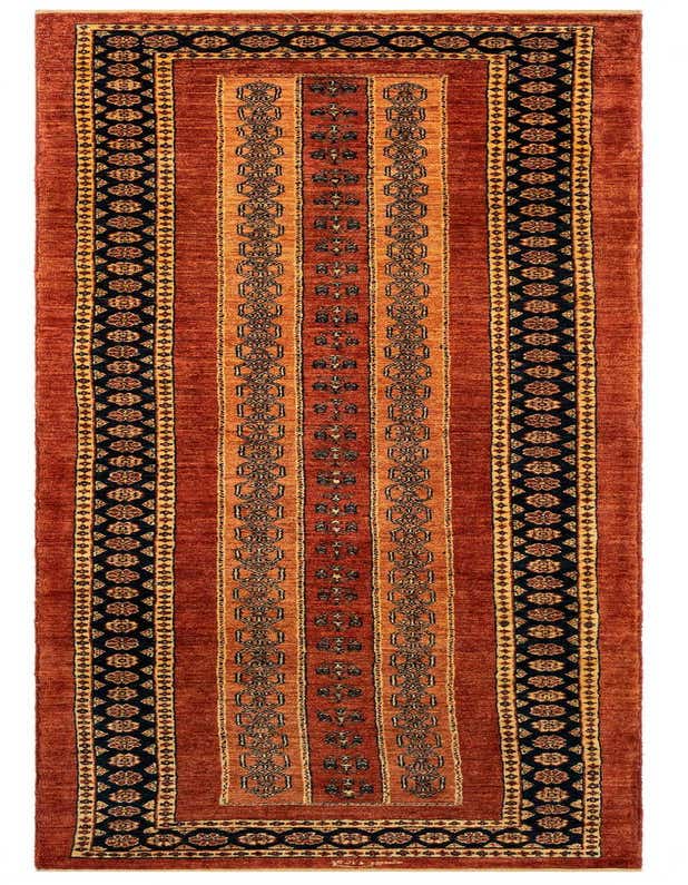 A 10 ft runner rug in a traditional Persian style, featuring a rich red field with intricate black and gold patterns.