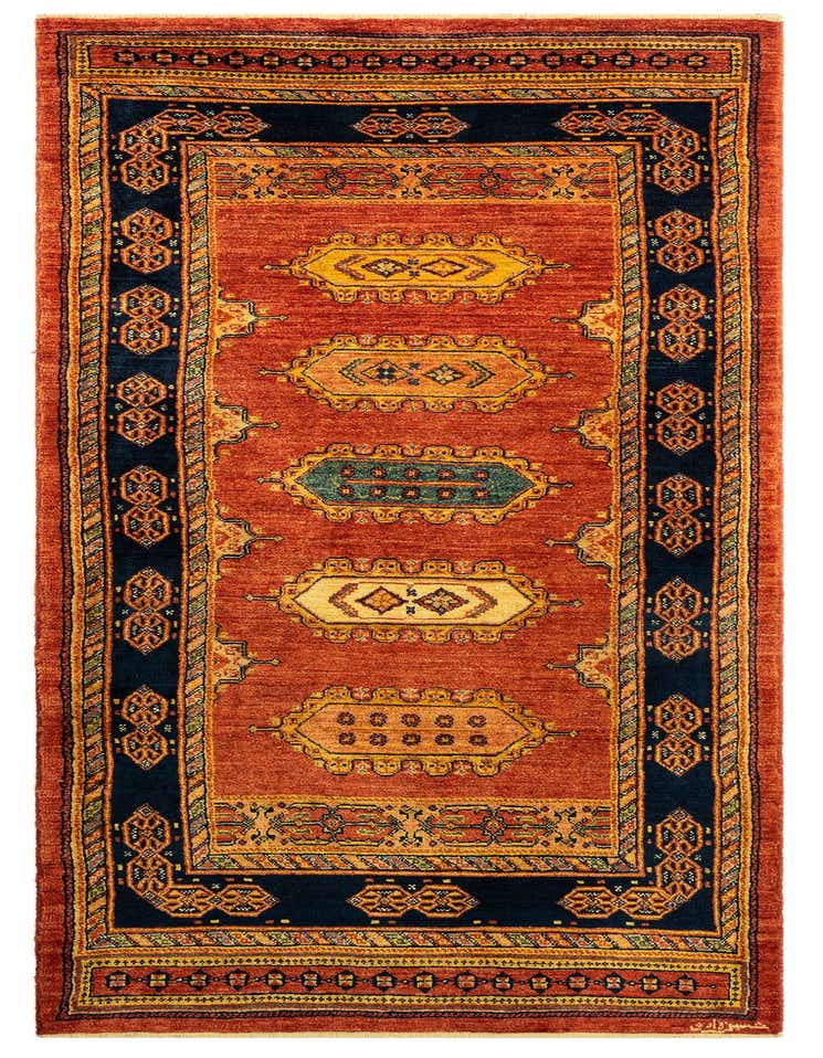 A handmade 8 ft Luribaft Persian runner rug in reds and navy, featuring intricate traditional patterns.