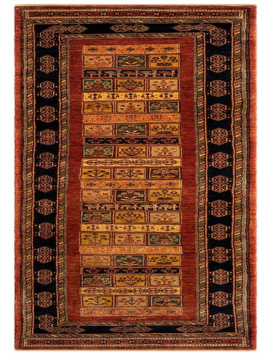 A handmade 10 Ft red Persian runner rug with a black border and colorful square motifs, ideal for a hallway.