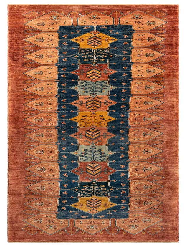 A 10 ft handmade wool runner rug in a Persian style, featuring a central navy blue stripe with geometric and floral patterns, flanked by rust red borders with complementary motifs, ideal for a hallway.