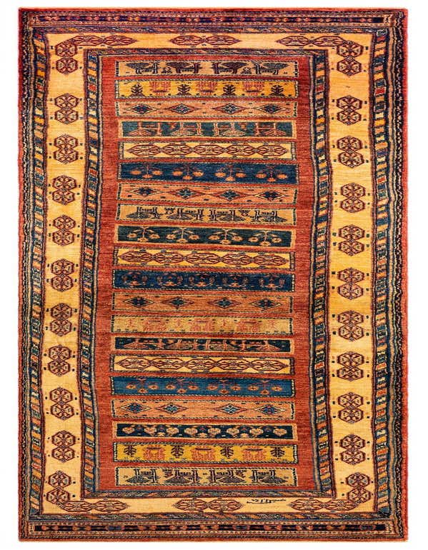 A 10 ft handmade Persian runner rug in reds and gold, featuring intricate tribal patterns and a medium pile.