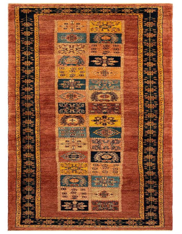 A 10 ft handmade wool runner rug in a Persian style, featuring a red field with a central column of colorful patterned squares and a dark blue and gold floral border.