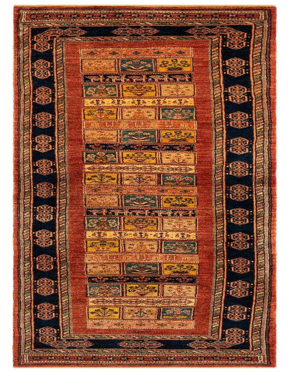 A 9 ft red Persian runner rug with a navy border and a central panel of colorful, detailed square motifs, ideal for a hallway.