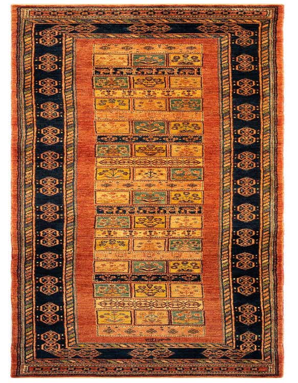 A handmade 10 Ft Luribaft Persian runner rug in reds and navy, featuring a detailed grid pattern with floral motifs, ideal for a hallway.