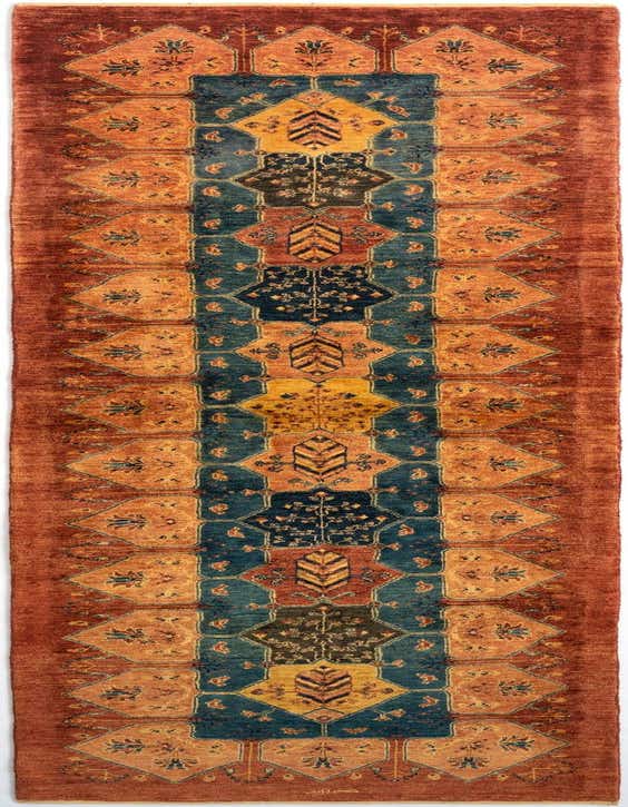 A handmade 11 ft Luribaft Persian runner rug featuring a rich red border and a central design of teal, gold, and dark blue geometric and floral patterns, ideal for a hallway.