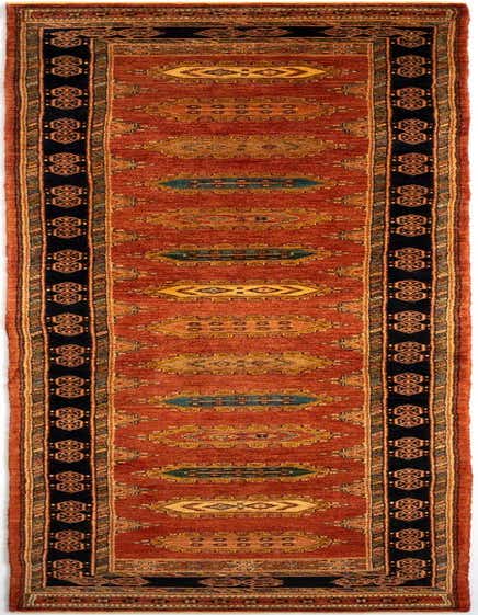 A 13 ft handmade Persian runner rug in shades of red, black, and gold with intricate geometric patterns.