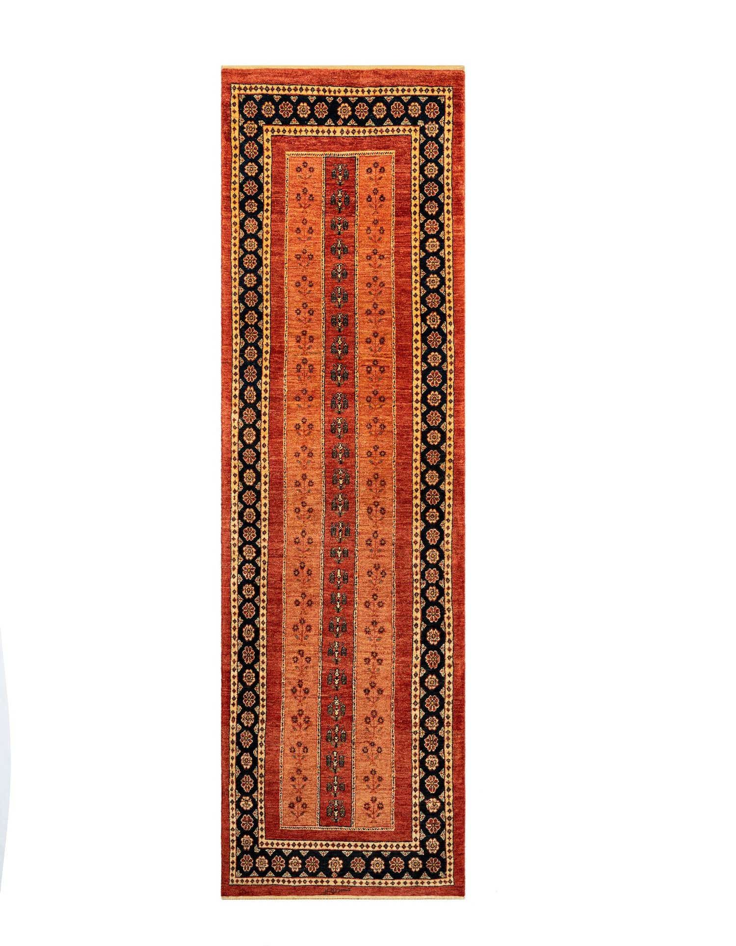 A 10 ft red Persian runner rug with a black and gold floral border, ideal for a hallway.