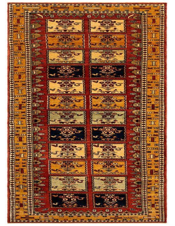 A 10 ft runner rug with a traditional Persian design. It features a red background with a grid of square motifs in gold, light blue, and dark blue, each containing a stylized floral and bird pattern. The rug has a wide gold border with intricate geometric and leaf designs, perfect for a hallway.