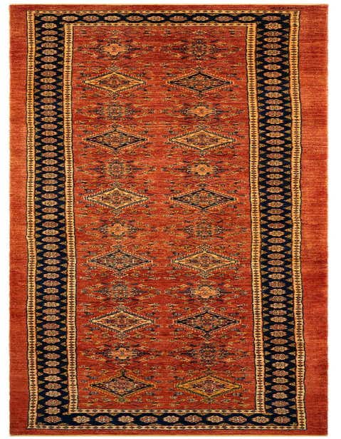 A 13 ft runner rug in shades of red with a traditional Persian pattern and a dark blue border, perfect for a hallway.