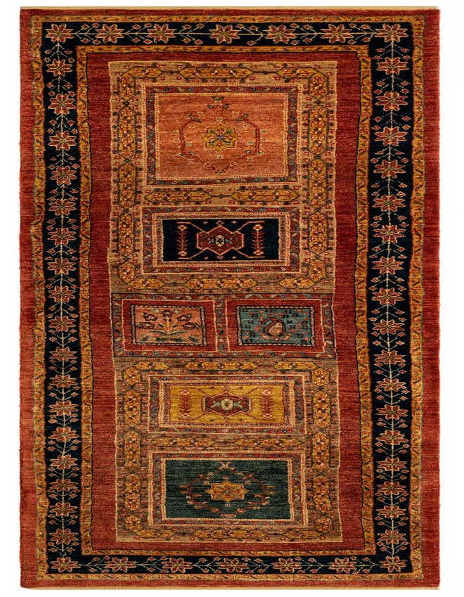 A handmade 8 ft runner rug with a traditional Persian pattern featuring multiple rectangular panels in reds, blues, and gold, ideal for a hallway or kitchen.