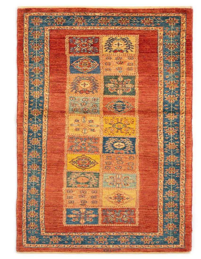 A 7 ft handmade wool runner rug in red, featuring a traditional Persian design with colorful square medallions and a blue floral border.