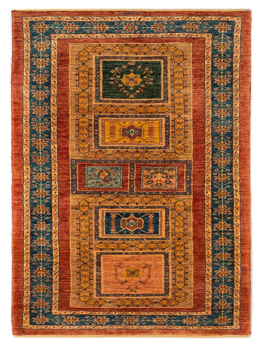 A 6 ft Luribaft runner rug in rich reds and blues with a traditional Persian geometric pattern, ideal for a hallway.