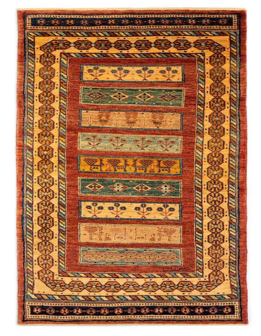 A 6 ft handmade red Persian runner rug with a gold border and colorful geometric and floral patterns.