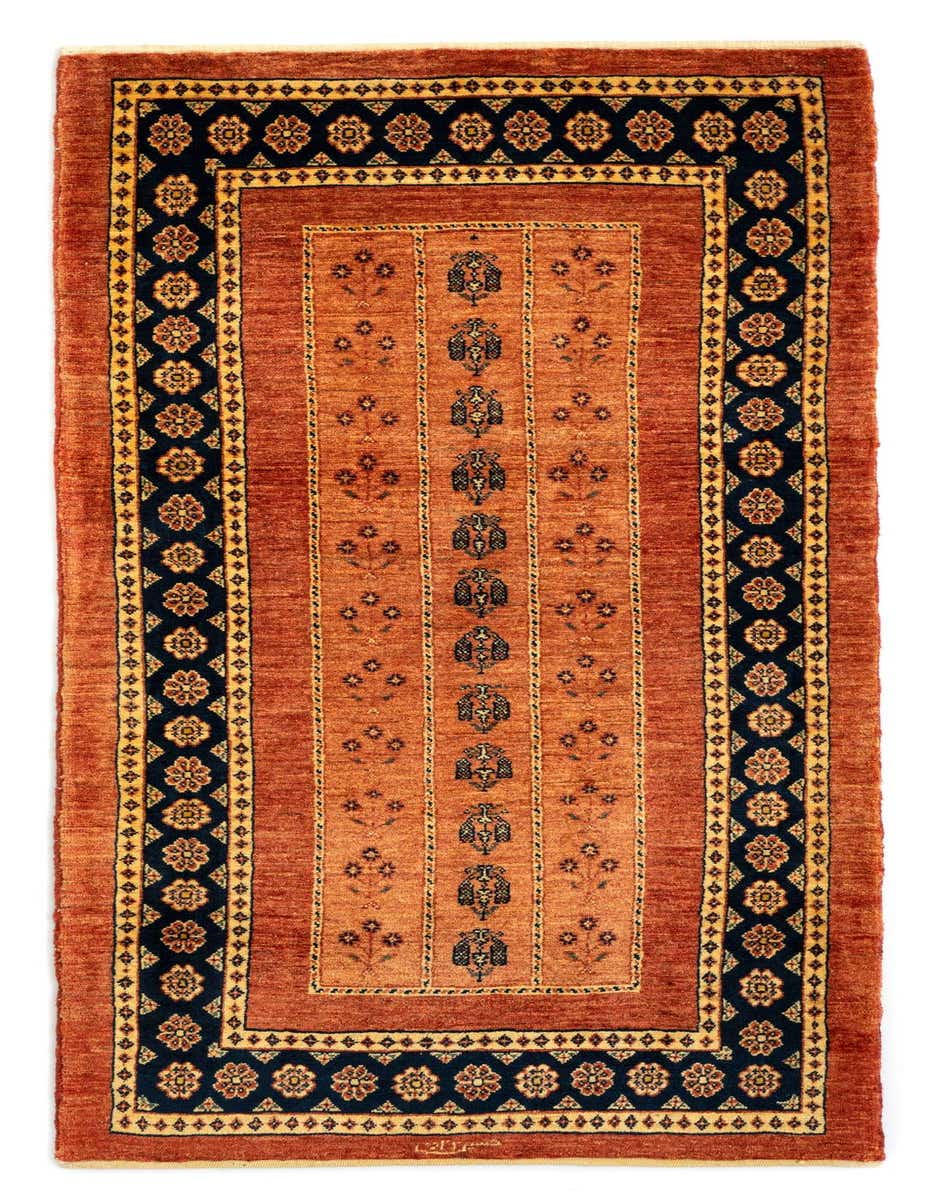 A 6 ft runner rug in a traditional Persian style, featuring a rich red field with a navy and gold floral border.