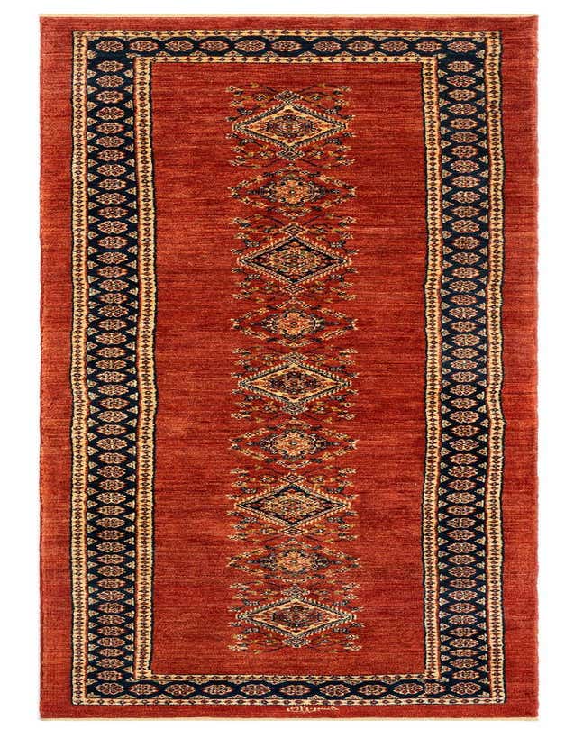 A 9 ft red wool runner rug with a central column of diamond Persian patterns and navy blue and cream borders, ideal for a hallway.