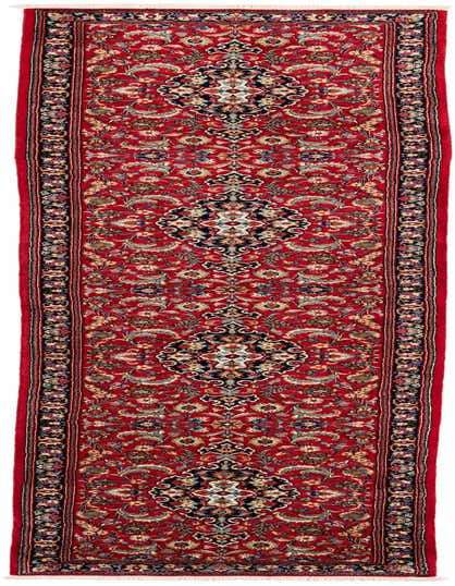 A 13 ft red Persian runner rug with intricate floral and medallion patterns in blue, cream, and gold, ideal for a hallway.