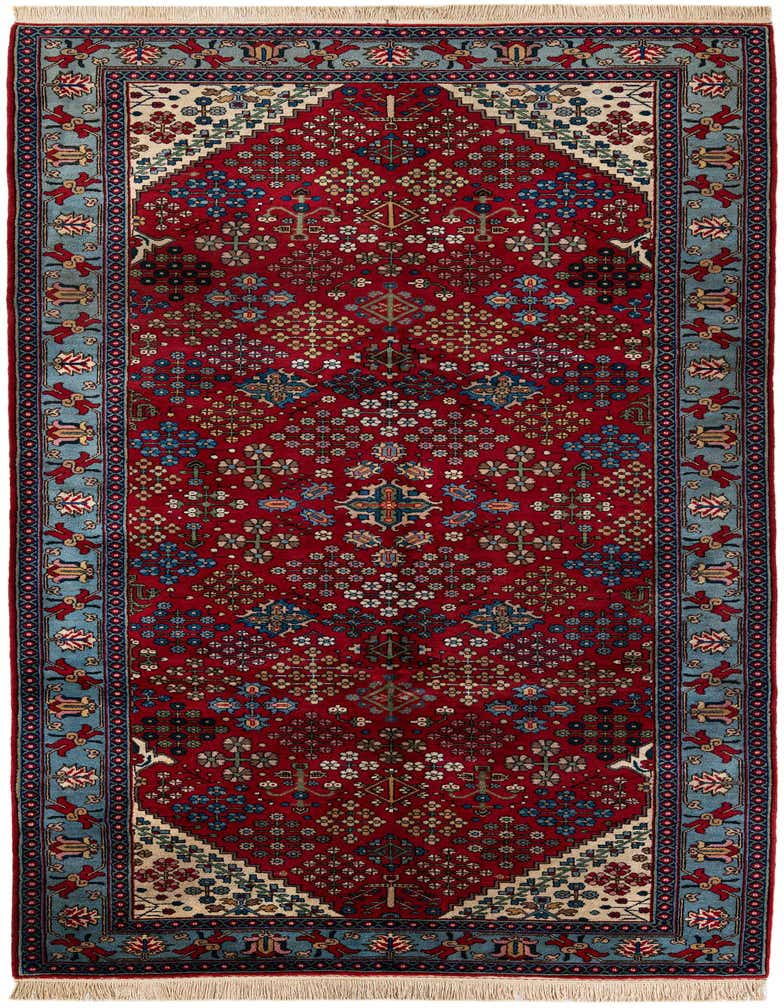 A 13 ft Maymeh runner rug featuring a deep red field with intricate floral and geometric patterns, bordered by light blue and red accents, perfect for a hallway.