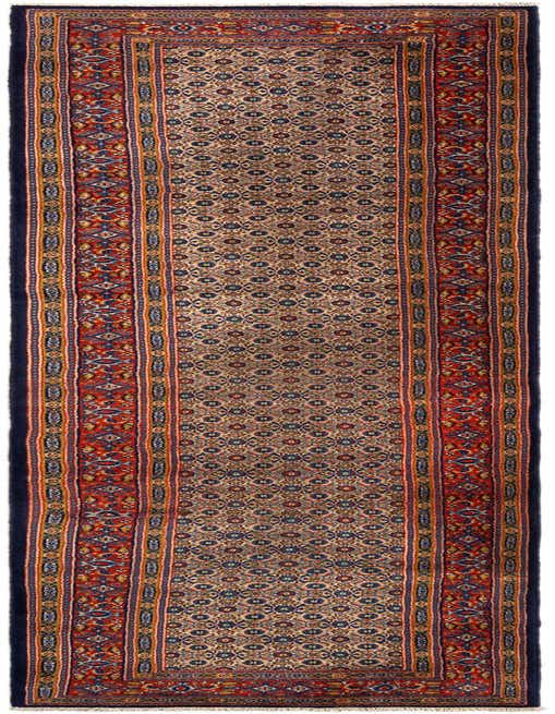 A handmade 11 ft Mood Collection runner rug with a traditional Persian pattern in reds, blues, and creams, ideal for a hallway.