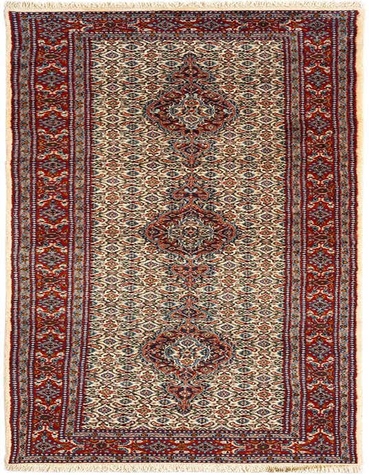 A 10 Ft Mood Collection Persian runner rug in reds and cream, featuring intricate floral and medallion patterns, perfect for a hallway.