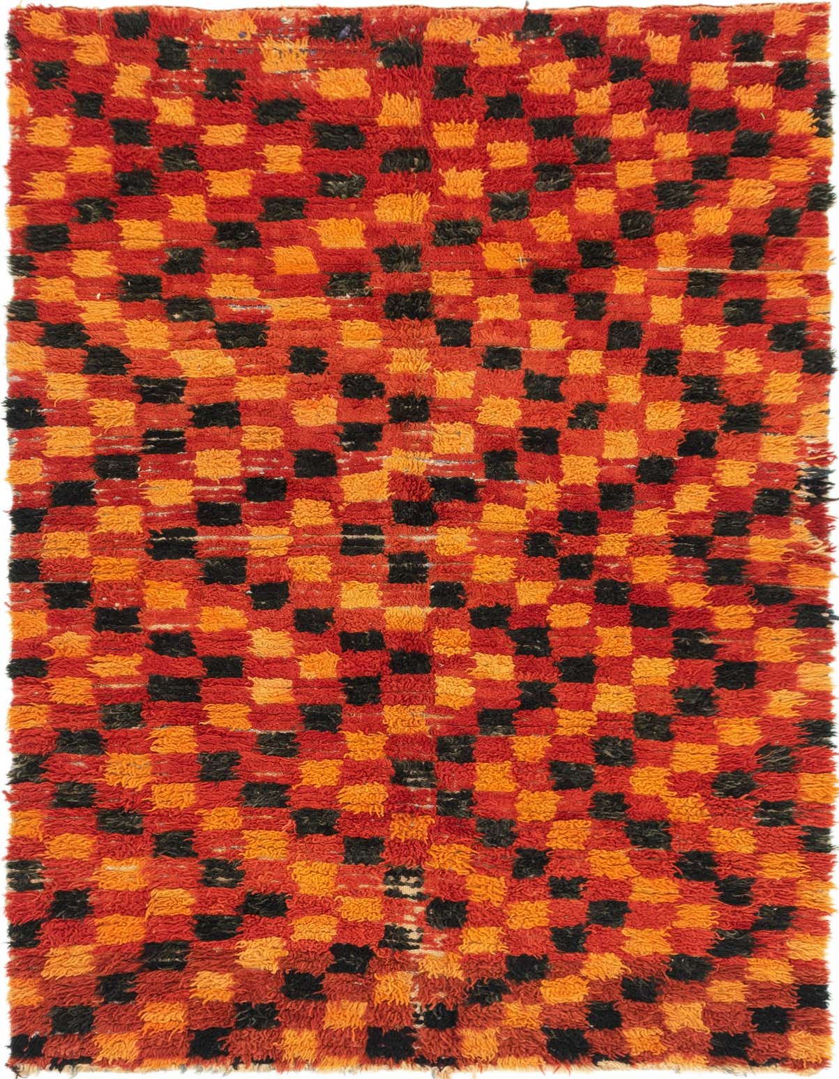 A vibrant 8 ft runner rug with a shag pile, featuring a checkerboard pattern of red, orange, and black squares.