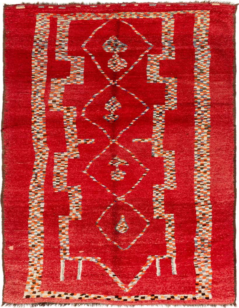 A vibrant 13 ft red runner rug with a Southwestern tribal pattern featuring colorful geometric shapes and diamond motifs.