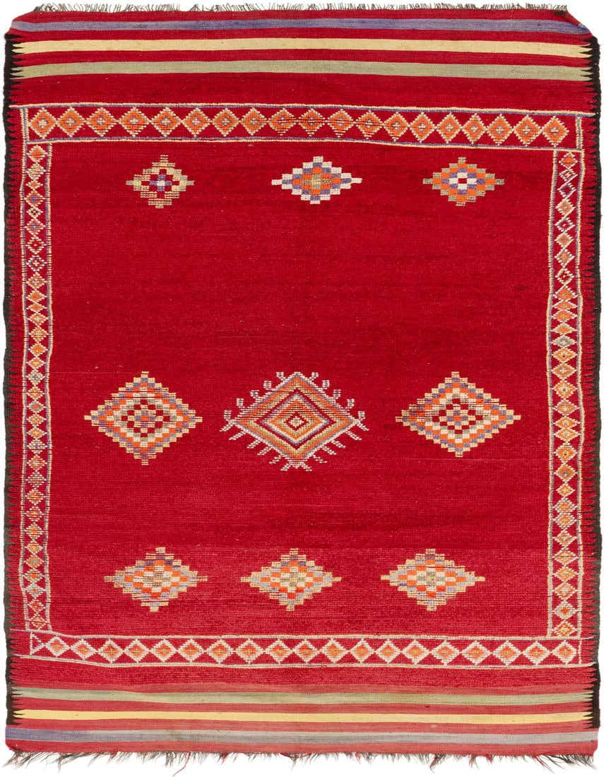 A vibrant 14 ft red wool runner rug with Southwestern tribal patterns and colorful diamond motifs, ideal for a hallway.