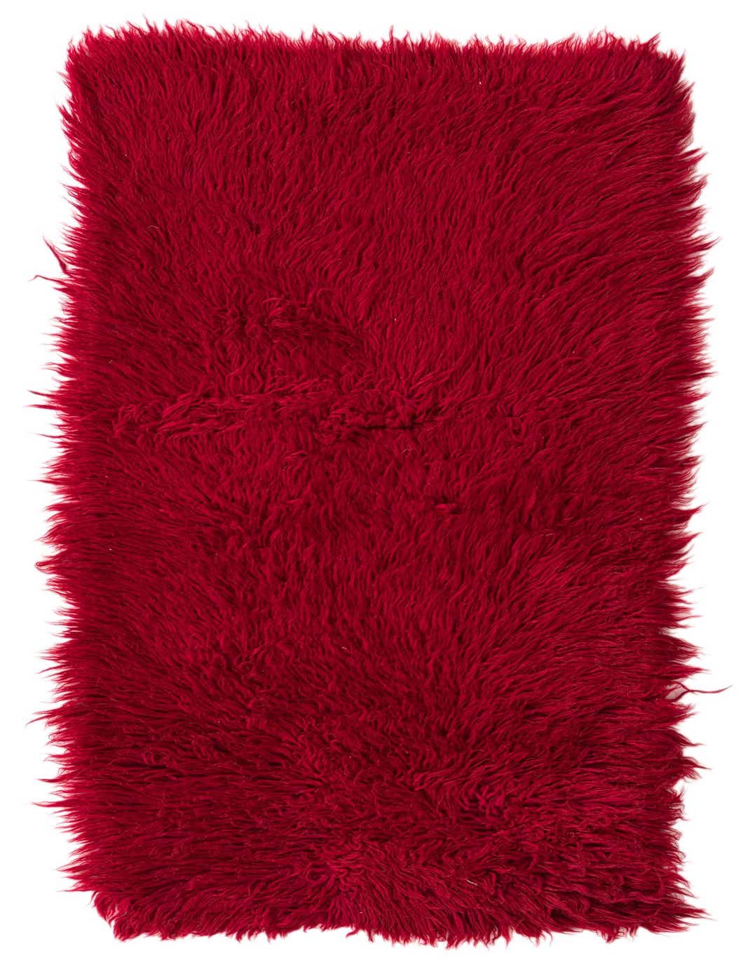A plush, shaggy 4 ft runner rug in a vibrant deep red color, made of wool, perfect for a hallway.