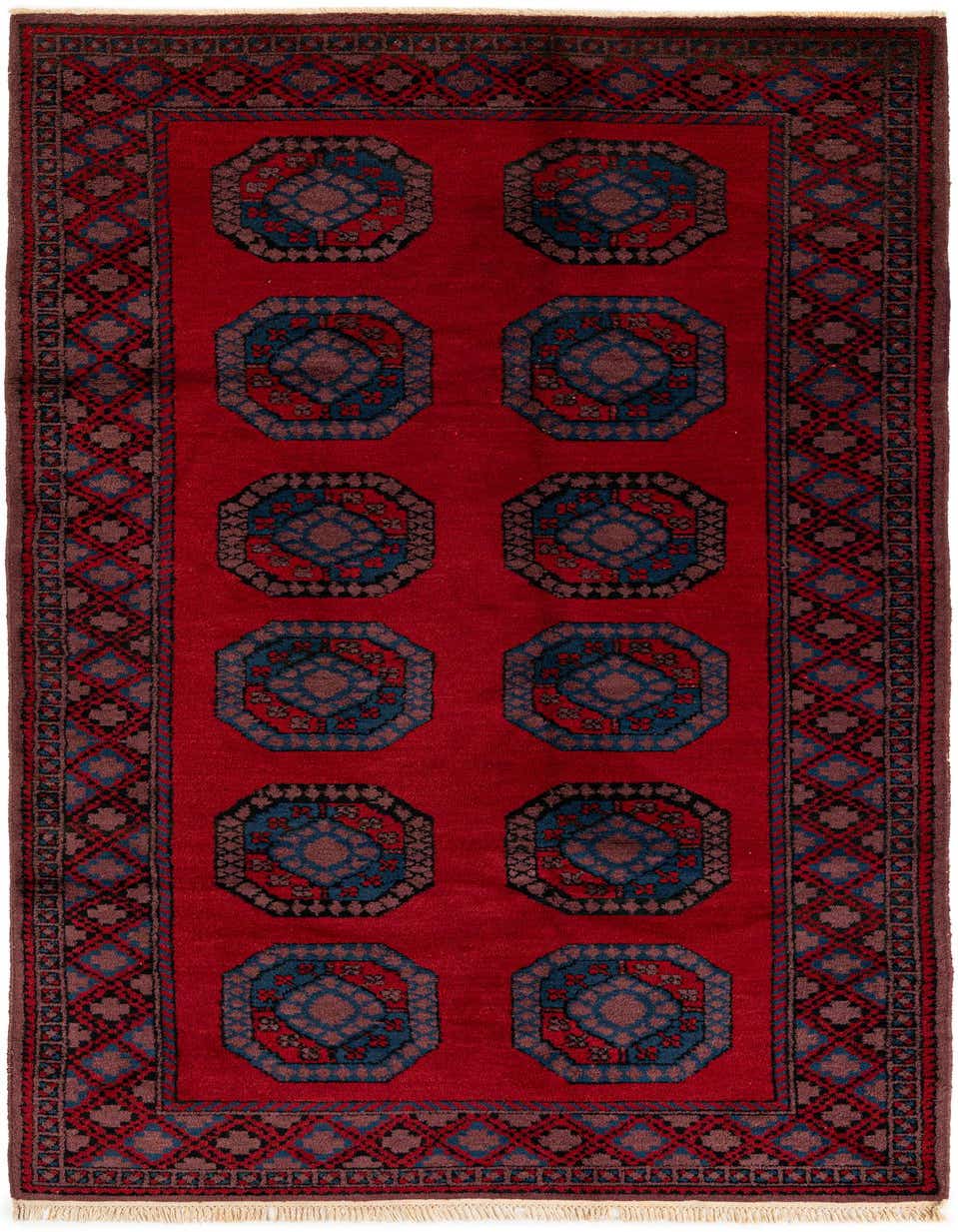A 10 Ft red wool runner rug with a tribal pattern, featuring octagonal medallions in blue and brown, ideal for a hallway.