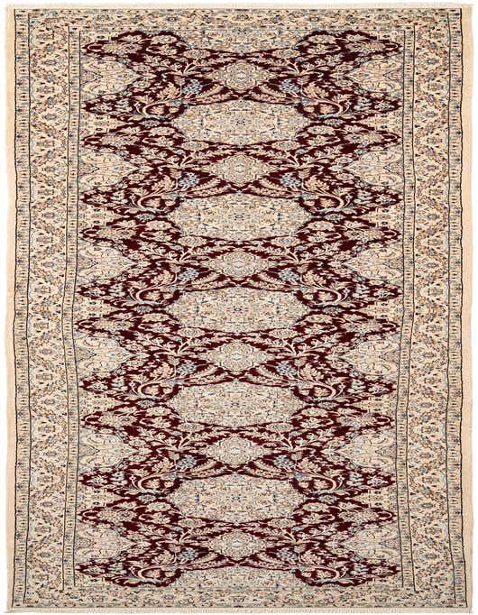 A 13 ft handmade red runner rug with an intricate cream and light blue traditional floral pattern, ideal for a hallway.