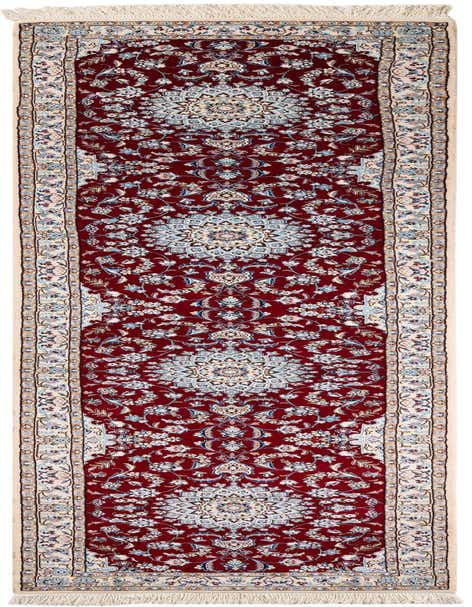A 13 ft red Persian runner rug with intricate blue, white, and gold floral patterns and a cream border, ideal for a hallway.