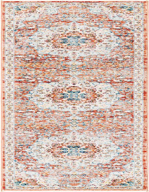 A long 8 ft runner rug with a distressed traditional medallion pattern in shades of red, orange, blue, and cream.
