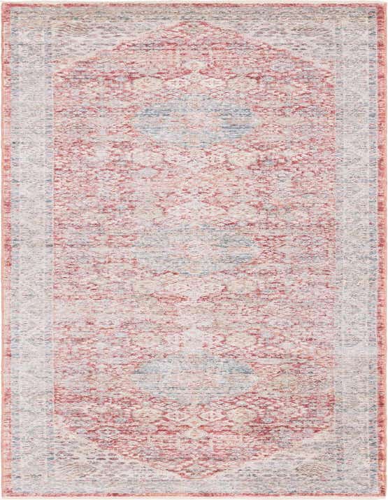 A 10 ft runner rug in shades of red, cream, and light blue with a distressed traditional medallion pattern, ideal for a hallway.