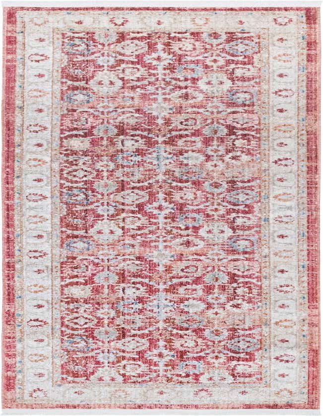A 6 ft runner rug with a distressed traditional floral pattern in shades of red, cream, and hints of blue.