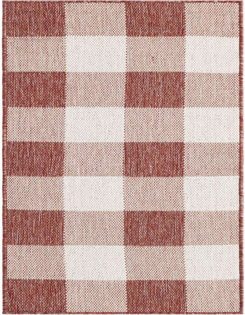 A 5 ft runner rug featuring a modern checkered pattern in varying shades of red and off-white, suitable for a patio or hallway.