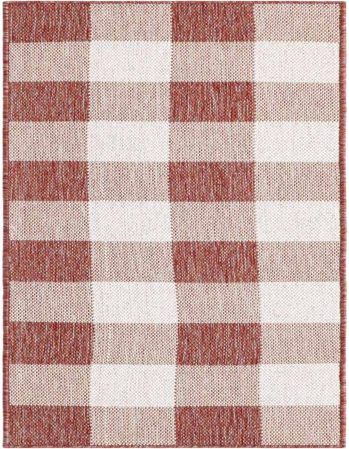A 6 ft runner rug featuring a modern red and white checkered pattern, suitable for a hallway or patio.