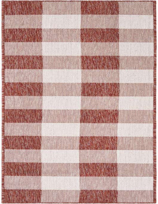 A red and white checkered 8 ft runner rug with a flatweave texture, suitable for indoor or outdoor use.