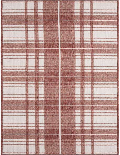 A 12 ft runner rug featuring a modern red and white checkered plaid pattern, suitable for a hallway or patio.