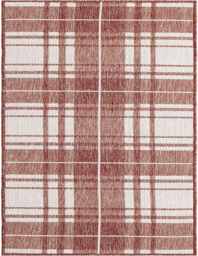 A 6 ft runner rug with a modern red and white checkered pattern, suitable for indoor or outdoor use.